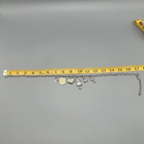 Juicy Couture Charm Necklace 5 Charms Heart Clock Padlock Silvertone Crystals - Picture 4 of 5